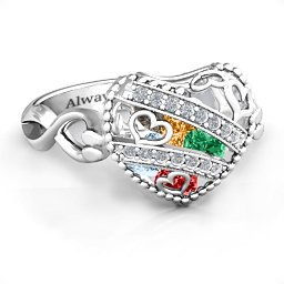 Caged Hearts Ring with 2-6 Stones in 925 Sterling Silver with Garnet, Emerald, Aquamarine, Citrine, Smokey Quartz, and Pink Tourmaline