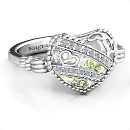 Caged Hearts Ring with 2-6 Stones in 925 Sterling Silver with Peridot, Citrine, Smokey Quartz, and Pink Tourmaline