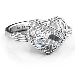 Caged Hearts Ring with 2-6 Stones in 925 Sterling Silver with Alexandrite, Aquamarine, Citrine, Smokey Quartz, and Pink Tourmaline