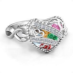 Caged Hearts Ring with 2-6 Stones in 925 Sterling Silver with Garnet, Emerald, Aquamarine, Citrine, Smokey Quartz, and Pink Tourmaline