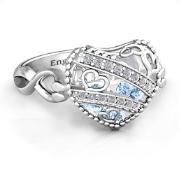 Caged Hearts Ring with 2-6 Stones in 925 Sterling Silver with Aquamarine, Citrine, Smokey Quartz, and Pink Tourmaline