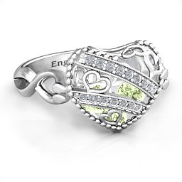 Caged Hearts Ring with 2-6 Stones in 925 Sterling Silver with Peridot, Citrine, Smokey Quartz, and Pink Tourmaline