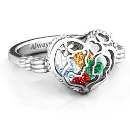 Caged Hearts Ring with 2-6 Stones in 925 Sterling Silver with Garnet, Emerald, Aquamarine, Citrine, Smokey Quartz, and Pink Tourmaline