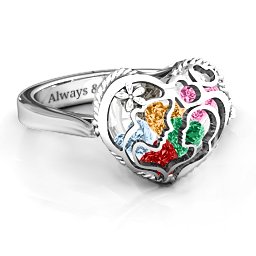 Caged Hearts Ring with 2-6 Stones in 925 Sterling Silver with Garnet, Emerald, Aquamarine, Citrine, Smokey Quartz, and Pink Tourmaline