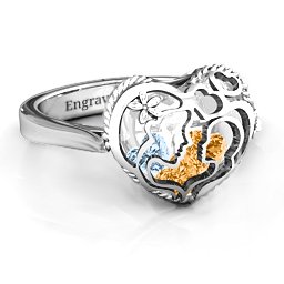Caged Hearts Ring with 2-6 Stones in 925 Sterling Silver with Citrine, Aquamarine, Smokey Quartz, and Pink Tourmaline