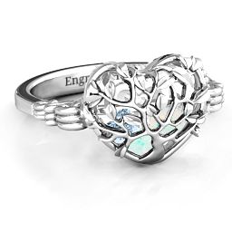 Caged Hearts Ring with 2-6 Stones in 925 Sterling Silver with Opal, Aquamarine, Citrine, Smokey Quartz, and Pink Tourmaline