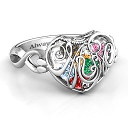 Caged Hearts Ring with 2-6 Stones in 925 Sterling Silver with Garnet, Emerald, Aquamarine, Citrine, Smokey Quartz, and Pink Tourmaline