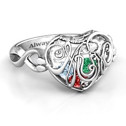 Caged Hearts Ring with 2-6 Stones in 925 Sterling Silver with Garnet, Emerald, Aquamarine, Citrine, Smokey Quartz, and Pink Tourmaline