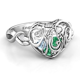 Caged Hearts Ring with 2-6 Stones in 925 Sterling Silver with Emerald, Aquamarine, Citrine, Smokey Quartz, and Pink Tourmaline