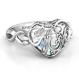Caged Hearts Ring with 2-6 Stones in 925 Sterling Silver with Opal, Aquamarine, Citrine, Smokey Quartz, and Pink Tourmaline
