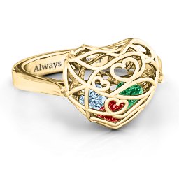 Caged Hearts Ring with 2-6 Stones in 9K Solid Yellow Gold with Garnet, Emerald, Aquamarine, Citrine, Smokey Quartz, and Pink Tourmaline