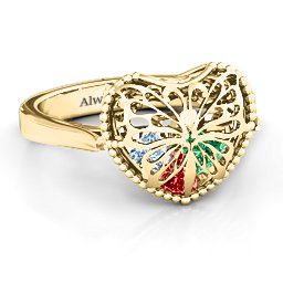 Caged Hearts Ring with 2-6 Stones in 9K Solid Yellow Gold with Garnet, Emerald, Aquamarine, Citrine, Smokey Quartz, and Pink Tourmaline