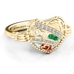Caged Hearts Ring with 2-6 Stones in 9K Solid Yellow Gold with Garnet, Emerald, Aquamarine, Citrine, Smokey Quartz, and Pink Tourmaline