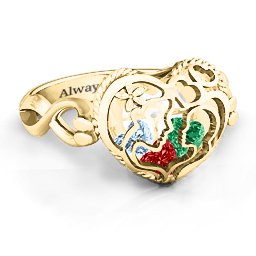 Caged Hearts Ring with 2-6 Stones in 9K Solid Yellow Gold with Garnet, Emerald, Aquamarine, Citrine, Smokey Quartz, and Pink Tourmaline