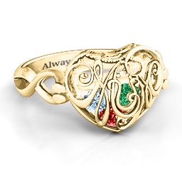 Caged Hearts Ring with 2-6 Stones in 9K Solid Yellow Gold with Garnet, Emerald, Aquamarine, Citrine, Smokey Quartz, and Pink Tourmaline