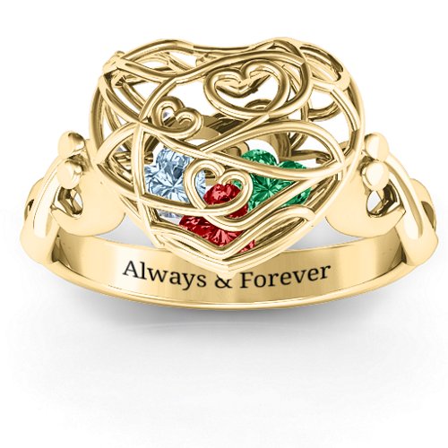 Encased in Love Caged Hearts Ring with Infinity Band – 9kt Yellow Gold with Garnet, Emerald, and Aquamarine