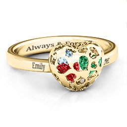 Petite Caged Hearts Ring with 1-3 Stones in 9K Solid Yellow Gold with Garnet, Emerald, Aquamarine, Citrine, Smokey Quartz, and Pink Tourmaline