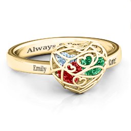Petite Caged Hearts Ring with 1-3 Stones in 9K Solid Yellow Gold with Garnet, Emerald, Aquamarine, Citrine, Smokey Quartz, and Pink Tourmaline
