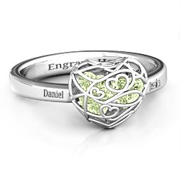 Petite Caged Hearts Ring with 1-3 Stones in 925 Sterling Silver with Peridot, Citrine, Smokey Quartz, and Pink Tourmaline