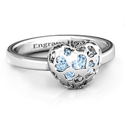 Petite Caged Hearts Ring with 1-3 Stones in 925 Sterling Silver with Aquamarine, Citrine, Smokey Quartz, and Pink Tourmaline