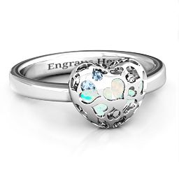 Petite Caged Hearts Ring with 1-3 Stones in 925 Sterling Silver with Opal, Aquamarine, Citrine, Smokey Quartz, and Pink Tourmaline
