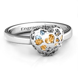 Petite Caged Hearts Ring with 1-3 Stones in 925 Sterling Silver with Citrine, Aquamarine, Smokey Quartz, and Pink Tourmaline