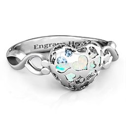 Petite Caged Hearts Ring with 1-3 Stones in 925 Sterling Silver with Opal, Aquamarine, Citrine, Smokey Quartz, and Pink Tourmaline