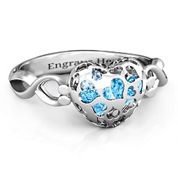 Petite Caged Hearts Ring with 1-3 Stones in 925 Sterling Silver with Blue Topaz, Aquamarine, Citrine, Smokey Quartz, and Pink Tourmaline