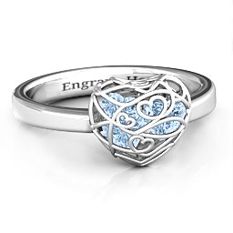 Petite Caged Hearts Ring with 1-3 Stones in 925 Sterling Silver with Aquamarine, Citrine, Smokey Quartz, and Pink Tourmaline