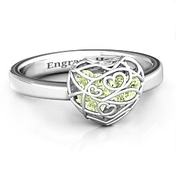 Petite Caged Hearts Ring with 1-3 Stones in 925 Sterling Silver with Peridot, Citrine, Smokey Quartz, and Pink Tourmaline