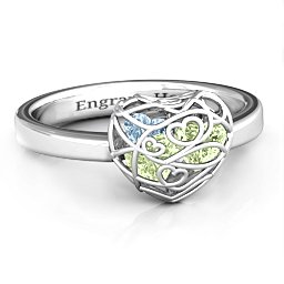 Petite Caged Hearts Ring with 1-3 Stones in 925 Sterling Silver with Peridot, Aquamarine, Citrine, Smokey Quartz, and Pink Tourmaline