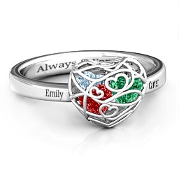 Petite Caged Hearts Ring with 1-3 Stones in 925 Sterling Silver with Garnet, Emerald, Aquamarine, Citrine, Smokey Quartz, and Pink Tourmaline
