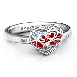 Petite Caged Hearts Ring with 1-3 Stones in 925 Sterling Silver with Garnet, Aquamarine, Citrine, Smokey Quartz, and Pink Tourmaline