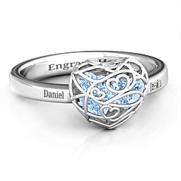 Petite Caged Hearts Ring with 1-3 Stones in 925 Sterling Silver with Aquamarine, Citrine, Smokey Quartz, and Pink Tourmaline