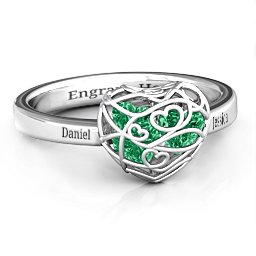 Petite Caged Hearts Ring with 1-3 Stones in 925 Sterling Silver with Emerald, Citrine, Smokey Quartz, and Pink Tourmaline