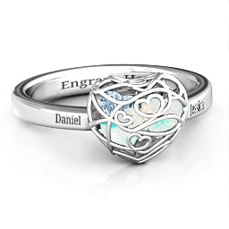 Petite Caged Hearts Ring with 1-3 Stones in 925 Sterling Silver with Opal, Aquamarine, Citrine, Smokey Quartz, and Pink Tourmaline