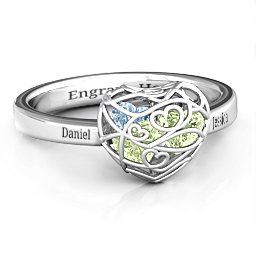 Petite Caged Hearts Ring with 1-3 Stones in 925 Sterling Silver with Peridot, Aquamarine, Citrine, Smokey Quartz, and Pink Tourmaline