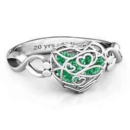 Petite Caged Hearts Ring with 1-3 Stones in 925 Sterling Silver with Emerald, Citrine, Smokey Quartz, and Pink Tourmaline