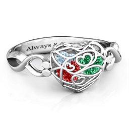 Petite Caged Hearts Ring with 1-3 Stones in 925 Sterling Silver with Garnet, Emerald, Aquamarine, Citrine, Smokey Quartz, and Pink Tourmaline