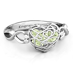 Petite Caged Hearts Ring with 1-3 Stones in 925 Sterling Silver with Peridot, Citrine, Smokey Quartz, and Pink Tourmaline