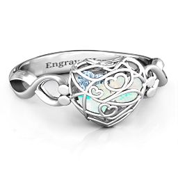 Petite Caged Hearts Ring with 1-3 Stones in 925 Sterling Silver with Opal, Aquamarine, Citrine, Smokey Quartz, and Pink Tourmaline