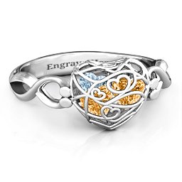Petite Caged Hearts Ring with 1-3 Stones in 925 Sterling Silver with Citrine, Aquamarine, Smokey Quartz, and Pink Tourmaline