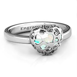 Petite Caged Hearts Ring with 1-3 Stones in 925 Sterling Silver with Opal and Pink Tourmaline