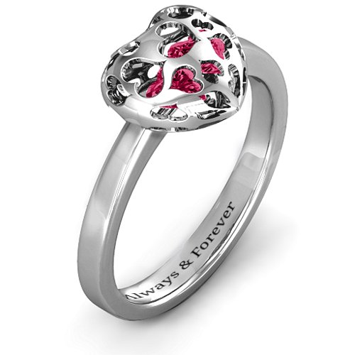 Heart Cut-out Petite Caged Hearts Ring with Classic Band – Sterling Silver with Ruby