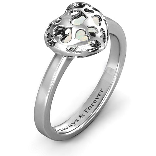 Heart Cut-out Petite Caged Hearts Ring with Classic Band – Sterling Silver with Opal