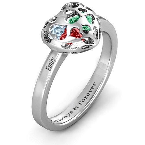 Heart Cut-out Petite Caged Hearts Ring with Classic with Engravings Band – Sterling Silver with Garnet, Emerald, Aquamarine, Citrine, Smokey Quartz, and Pink Tourmaline