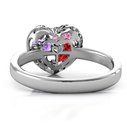 Heart Cut-out Petite Caged Hearts Ring with Classic Band – Sterling Silver with Garnet, Amethyst, and Pink Tourmaline