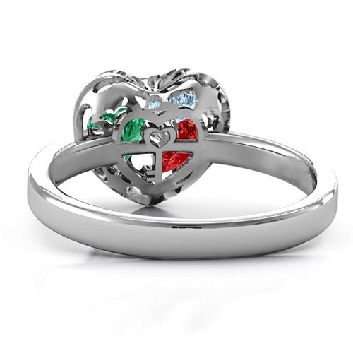 Heart Cut-out Petite Caged Hearts Ring with Classic with Engravings Band – Sterling Silver with Garnet, Emerald, Aquamarine, Citrine, Smokey Quartz, and Pink Tourmaline