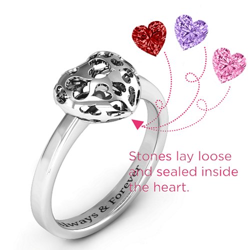Heart Cut-out Petite Caged Hearts Ring with Classic Band – Sterling Silver with Garnet, Amethyst, and Pink Tourmaline