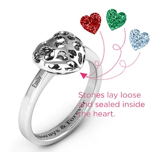 Heart Cut-out Petite Caged Hearts Ring with Classic with Engravings Band – Sterling Silver with Garnet, Emerald, Aquamarine, Citrine, Smokey Quartz, and Pink Tourmaline